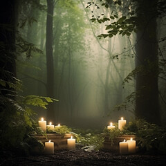 Photo of a forest with fog and some candles