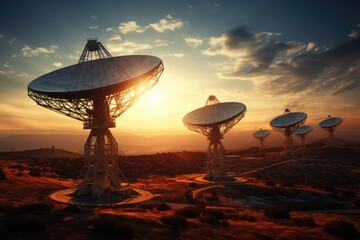 satellite dishes, radio antennas at sunset. Space observatory