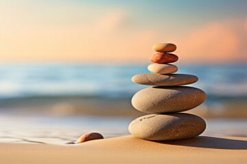 Balancing Zen stones on the seashore, concept of harmony, meditation. Copy space for text