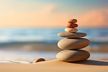  Balancing Zen stones on the seashore, concept of harmony, meditation. Copy space for text © Michael