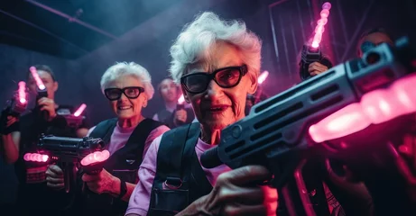 Fotobehang group of seniors, vests and laser guns in hand, immersed in an intense game of laser tag © Valentin