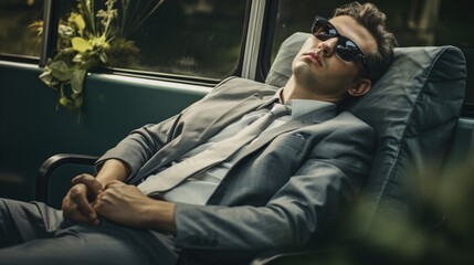 man sleeping outside on a coach wearing square glasses - obrazy, fototapety, plakaty