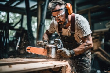 man cutting wood with chainsaw wearing safety glasses - obrazy, fototapety, plakaty