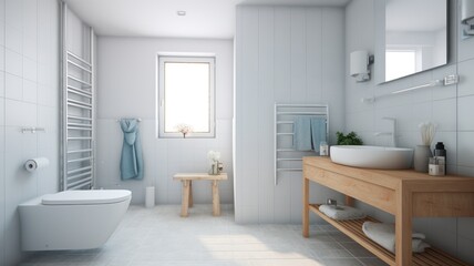 Fototapeta na wymiar Interior of modern luxury scandi bathroom with white tile walls and window. Wooden countertop with wash basin and towels, rectangular mirror, wall hung toilet. Contemporary home design. 3D rendering.