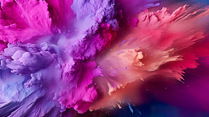 Make-up brush with pink and blue powder explosion on dark background