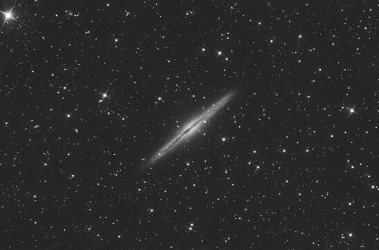 NGC 891 galaxy in the Andromeda constellation, taken in luminance filter on telescope.