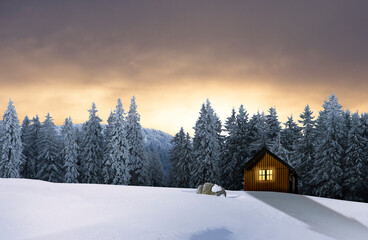 Weihnachtshütte mit leuchtendem Fenster in einer verschneiten Winterlandschaft - 648946259