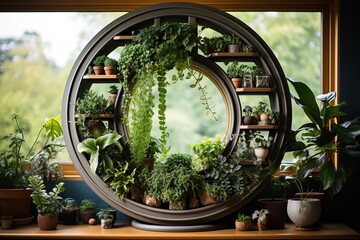 Fototapeta na wymiar a close up of a circular wooden frame with plants in a room