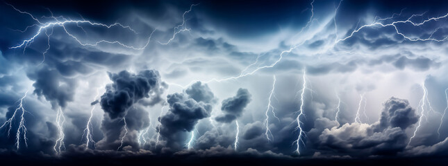 Thunderous dark sky with black clouds and flashing lightning. Panoramic view. Concept on the theme of weather, natural disasters, storms, typhoons, tornadoes, thunderstorms, lightning, lightning.