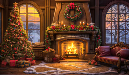 Living room home interior with decorated fireplace and christmas tree, vintage style.  Christmas...