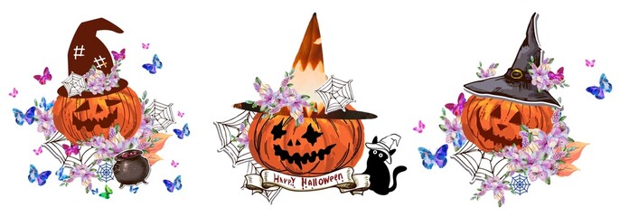 Autumn illustration. Watercolour fruit, botanical elements. Halloween,  Holiday. Pumpkins, leaves, flowers. Black cat. 