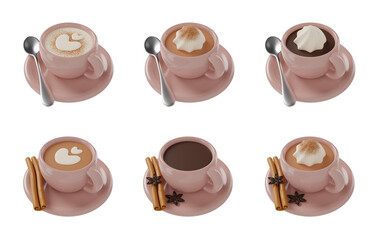 3D render coffee mugs with cinnamon cream cappuccino latte