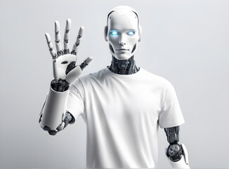 AI robot raises its hand to volunteer to do a job for you. Artificial intelligence robots raise their hands. machine AI bot working with people. revolution, humanoid