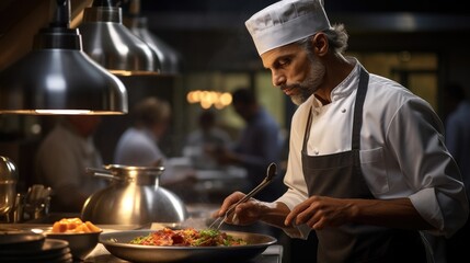 Male chef plating food in plate or preparing cooking food in kitchen at restaurant.