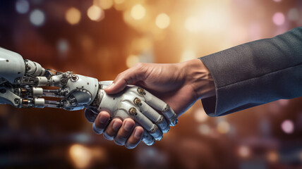 A human arm and a robotic arm handshake close up, representing the collaboration between creativity and technology of robotics and artificial intelligence, isolated on a bright background with bokeh - obrazy, fototapety, plakaty
