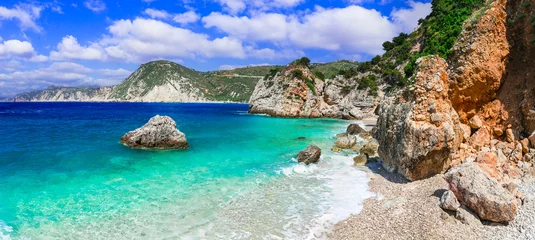 Poster Scenic beaches of beautiful Cephalonia (Kefalonia) island - Agia Eleni with picturesque rocks. Greece , Ionian islands © Freesurf