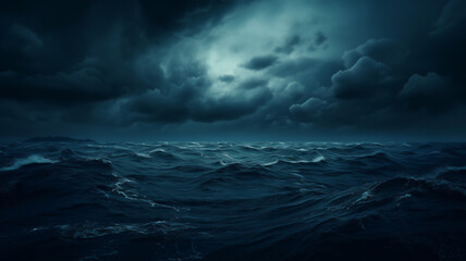 A dark and dramatic ocean scene with waves and clouds. Wide view of the ocean, with the sky covered with stormy clouds for an epic background or wallpaper - obrazy, fototapety, plakaty