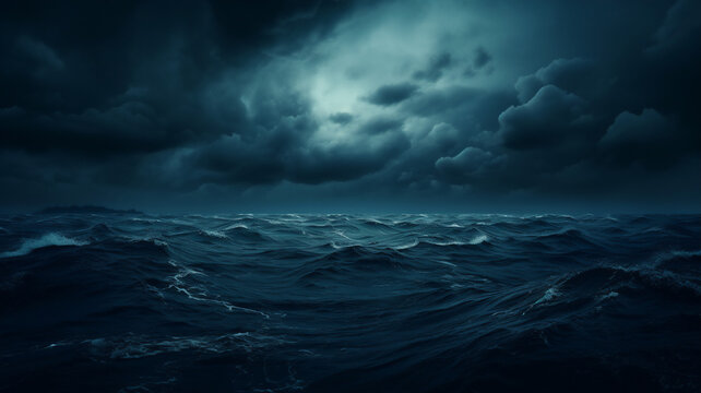 A dark and dramatic ocean scene with waves and clouds. Wide view of the ocean, with the sky covered with stormy clouds for an epic background or wallpaper