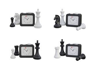 3D render chess figures concept woth timer clock