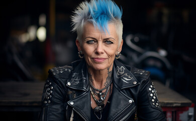 A mature lady with a young spirit and a rebellious punk style: spiky white hair with a blue streak, studded leather jacket, smiling and defiant gaze on a dark background - obrazy, fototapety, plakaty