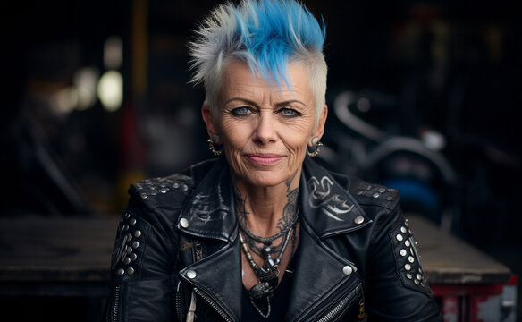 A mature lady with a young spirit and a rebellious punk style: spiky white hair with a blue streak, studded leather jacket, smiling and defiant gaze on a dark background