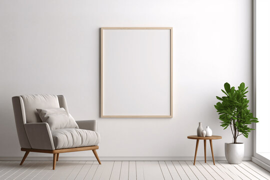 In this hyper-realistic scene,vertical blank and empty wall frame showcased in living room adorned with contemporary architecture and stylish Scandinavian furniture.The soft,Generative Ai illustration