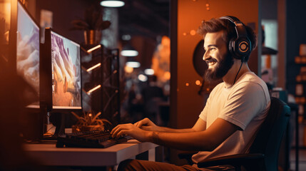 young adult male was engrossed in his gaming world, sitting comfortably at his gaming computer.His eyes were fixed on the vibrant monitor, where virtual battlefield unfolded.Generative Ai illustration