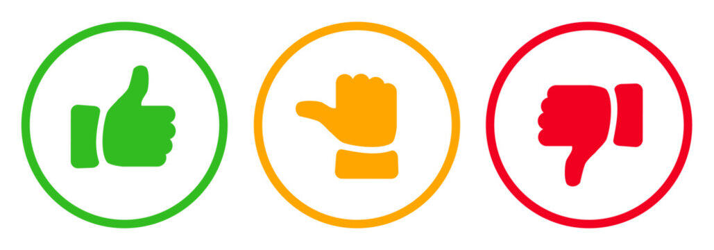 Rating thumb icons, thumb up, down and to the side sign