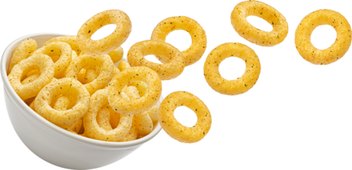 Falling crispy onion rings isolated