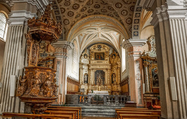 Fototapeta premium A panoramic look inside the Medieval church of the Assumption of the Virgin Mary in the Ancient City of Albertville, France.
