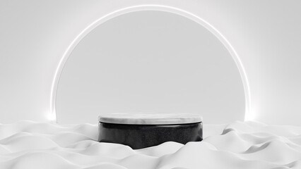 Circular Podium on Black Marquina Marble Texture on Top of Soft Fabric with Bright White Environment for Product Display or Product Presentation 3d Rendered