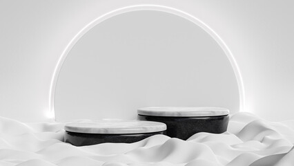 Circular Podium on Black Marquina Marble Texture on Top of Soft Fabric with Bright White Environment for Product Display or Product Presentation 3d Rendered