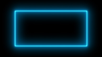 Blur neon frame. Glowing background. Fluorescent illumination. Defocused blue color LED light rectangle on dark black abstract geometric empty space.