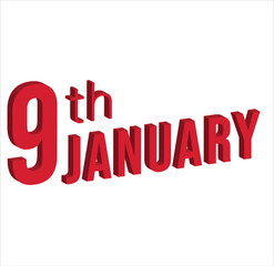 9th january ,  Daily calendar time and date schedule symbol. Modern design, 3d rendering. White background. 