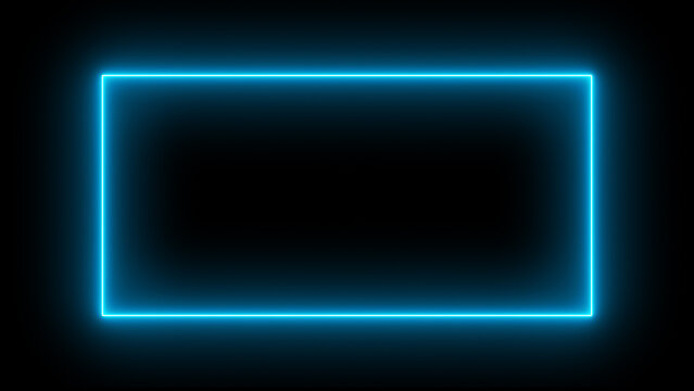Blur neon frame. Glowing background. Fluorescent illumination. Defocused blue color LED light rectangle on dark black abstract geometric empty space.