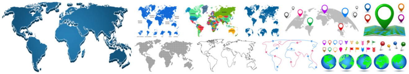 Set World Map Earth Planet, colourful world countries and country names, division into countries, continents of the planet, dotted and line style, GPS pins, set of globes - vector - obrazy, fototapety, plakaty