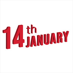 14th january ,  Daily calendar time and date schedule symbol. Modern design, 3d rendering. White background. 