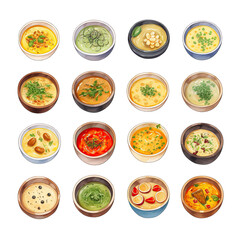 A professional digital art illustration hand painted style of Soups clipart collection on transparent blackground generate by AI	