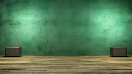 Empty table on dark green texture wall background. Composition with  light reflections. Mock up for presentation, branding products