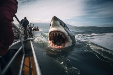 A scary big shark attacks the boat, a shark head with sharp teeth can be seen above the water.