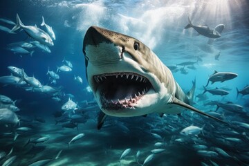 Scary big shark swims with other fishes in the ocean sunlight and hunts the fishes.