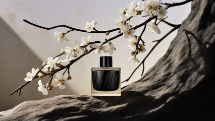 A beautiful bottle of Niche perfume on a tree trunk. - obrazy, fototapety, plakaty