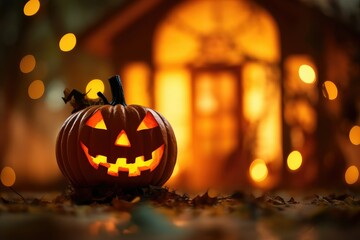 Fototapeta premium Jack O lantern in front of house, Trick or Treat candy basket, Halloween October 31st celebration
