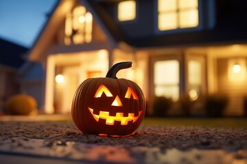 Jack O lantern in front of house, Trick or Treat candy basket, Halloween October 31st celebration