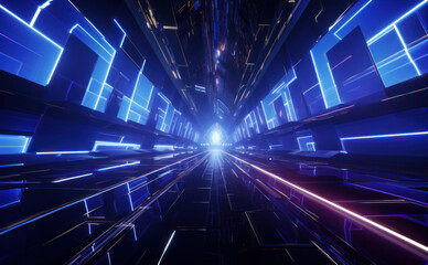 Futuristic corridor with glowing neon lights, 3d rendering background