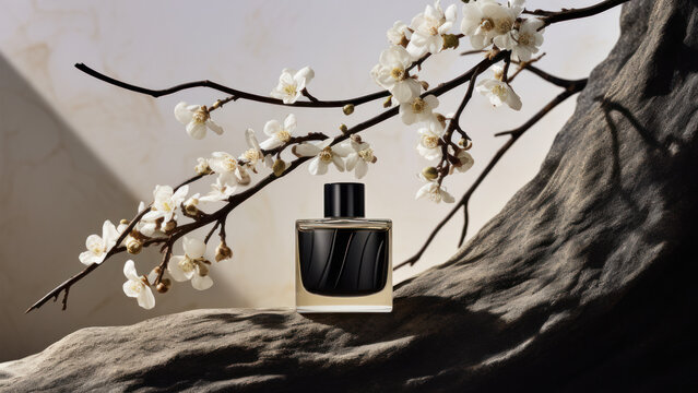 A beautiful bottle of Niche perfume on a tree trunk.