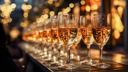 Glasses of champagne on a bar at an event, celebration or party. Background with out of focus lights. Copy space. Generative ai