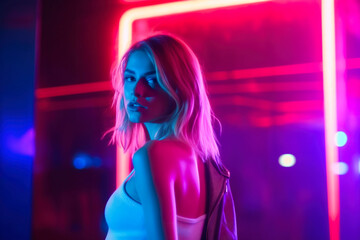A young woman acts as a model for a photographer in the vibrant atmosphere of a nightclub. Young woman posing for a photo in neon light at a professional photo shoot. Art and nightlife concept © Vagner Castro