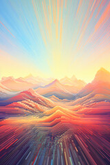 Pastel sunset watercolour painting over multi-coloured mountain range