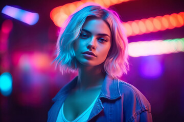 A young woman acts as a model for a photographer in the vibrant atmosphere of a nightclub. Young woman posing for a photo in neon light at a professional photo shoot. Art and nightlife concept © Vagner Castro